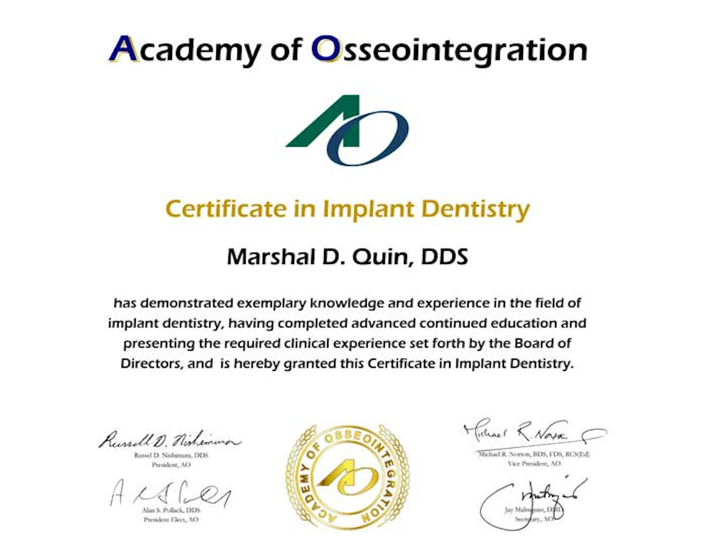 Academy of Osseointegration announces new certificate in implant