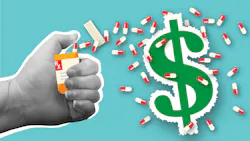 illustration of a hand holding a pill bottle, and the pills are spilling out around a dollar sign illustration of a hand holding a pill bottle, and the pills are spilling out around a dollar sign