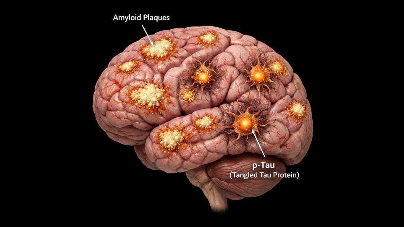illustration of the brain with amyloid plaques and p-tau areas pointed out